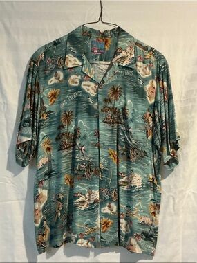 reyn spooner teal Hawaiian print camp shirt with orange florals